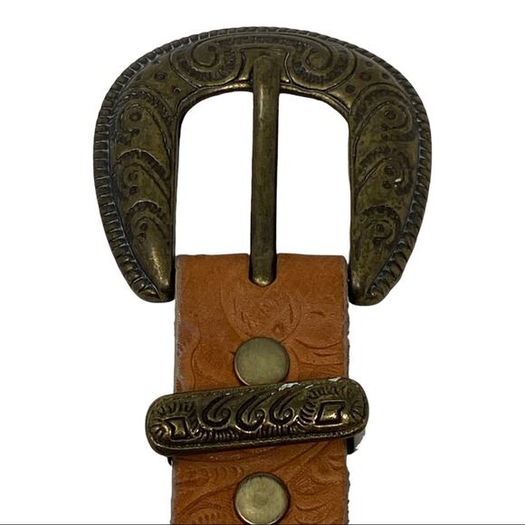 Sand Castle Floral Embossed Tan Leather & Metal Mesh Western Style Belt - Picture 4 of 9